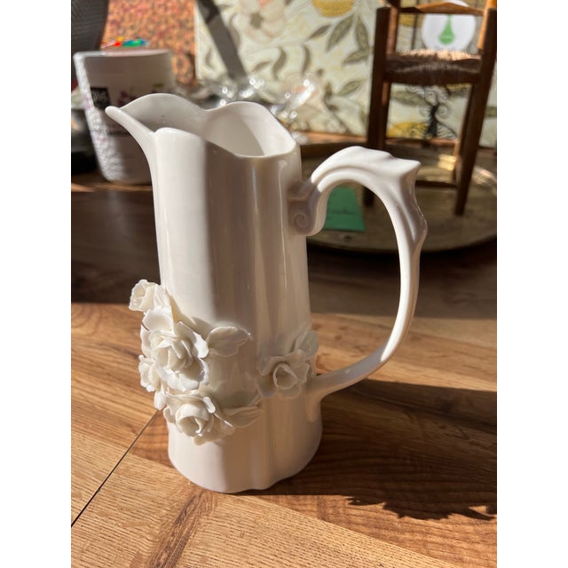 1970s White Ceramic Floral Vintage Pitcher For Sale - Image 5 of 6
