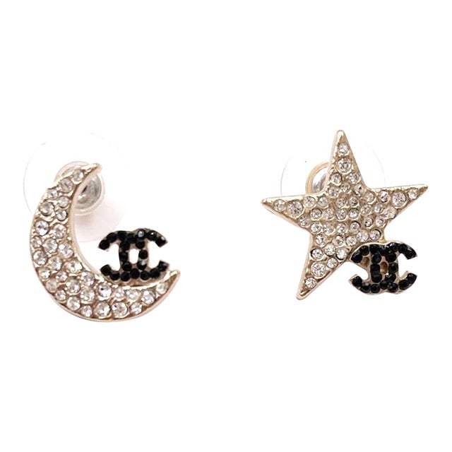 Chanel Super Rare Gold Star Moon Black Crystal CC Small Piercing Earrings, 2 Pieces For Sale
