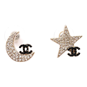Chanel Super Rare Gold Star Moon Black Crystal CC Small Piercing Earrings, 2 Pieces
