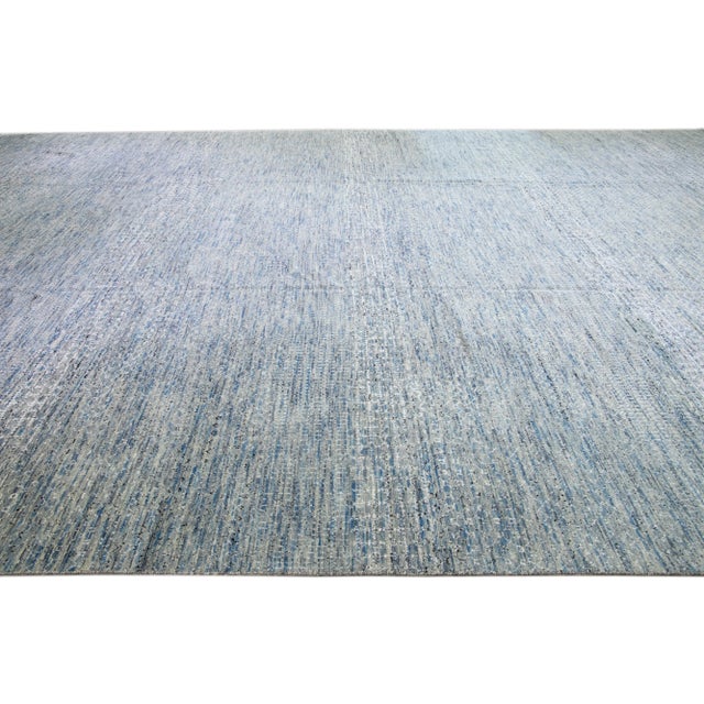 2020s Light Blue Modern Savannah Handmade Geometric Oversize Wool Rug For Sale - Image 5 of 11
