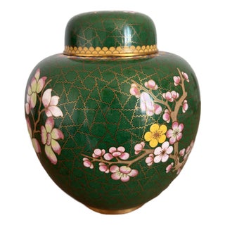 Vintage Chinese Green Cloisonné Prunus Blossom Lidded Ginger Jar For Sale