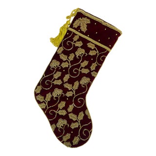 1980s Vintage Hollywood Regency Velvet and Beaded Christmas Stocking For Sale