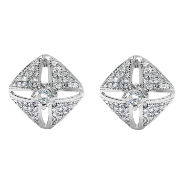 .925 Sterling Silver 1.0 Cttw Diamond Studded Rhombus Stud Earrings, A Pair (H-I Color, I2-I3 Clarity) For Sale