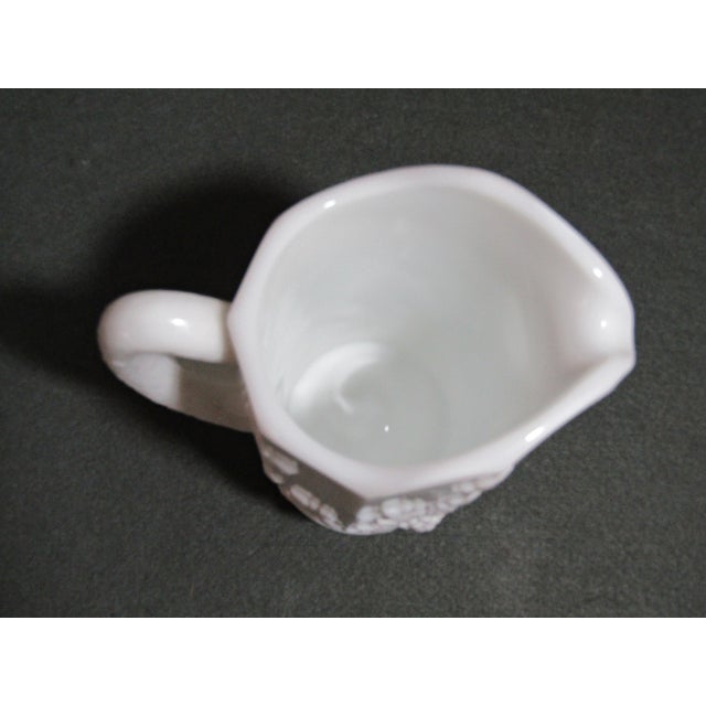 1960s Westmoreland Milk Glass Pitcher With 5 Goblets, Grape & Vine Relief, Nos For Sale - Image 9 of 12