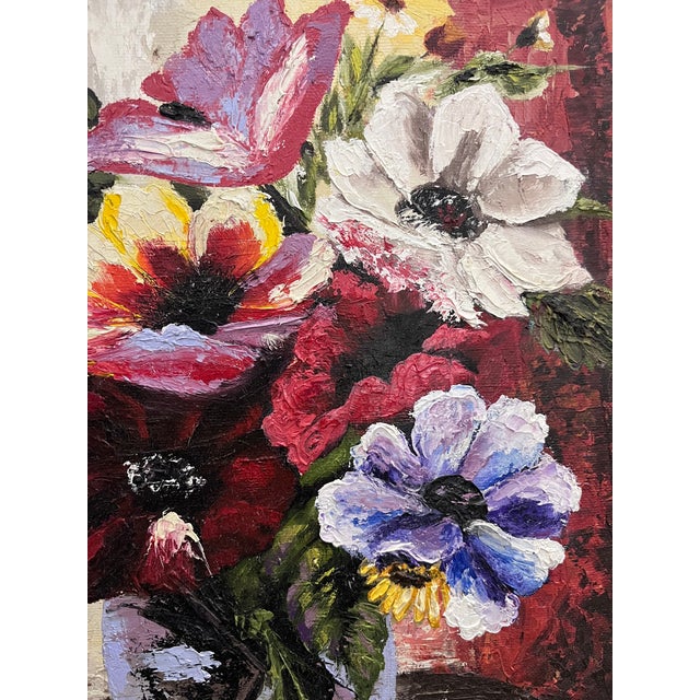 Abstract 1980s Vintage Flower Bouquet Oil Painting-Signed For Sale - Image 3 of 5