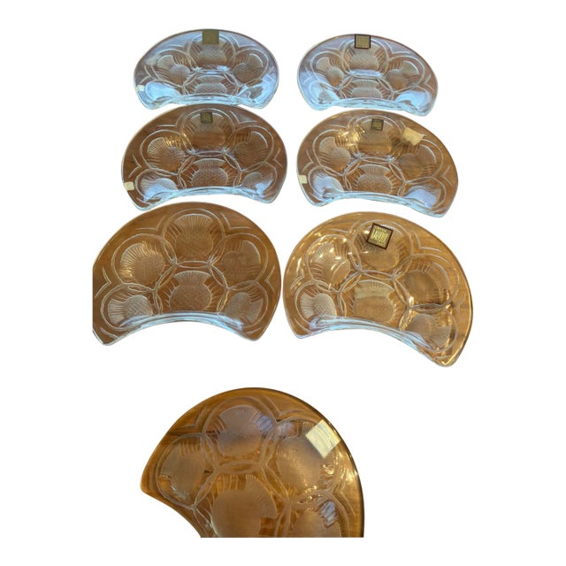 1950s "Lalique France Cristal Chardon Thistle Plates Set of 7 – 6 W/ Original Labels" For Sale