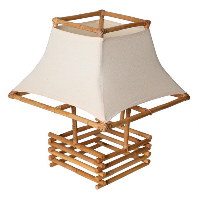 Rattan, Wicker and White Fabric Table Lamp by Louis Sognot, France 1960s For Sale - Image 16 of 16