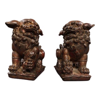 Pair of Vintage Chinese Bronze Foo Dogs - Mud-Gold & Cinnabar Guardian Lions For Sale