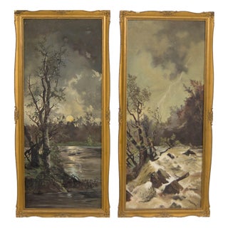 Art Nouveau Diptych Landscape, Oil on Canvas Paintings, 1930, Set of 2 For Sale