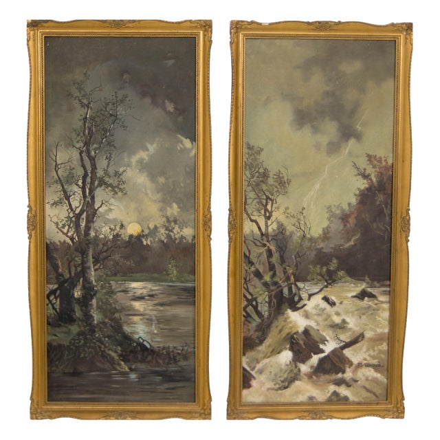 Art Nouveau Diptych Landscape, Oil on Canvas Paintings, 1930, Set of 2 For Sale