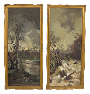 Art Nouveau Diptych Landscape, Oil on Canvas Paintings, 1930, Set of 2