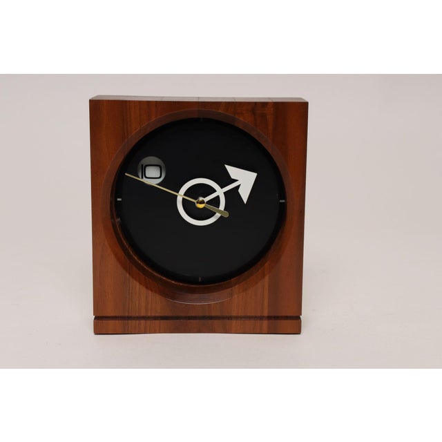 Mid-Century Modern square wall clock in staved walnut with modernist white plastic and brass hour and minute hands (ca....