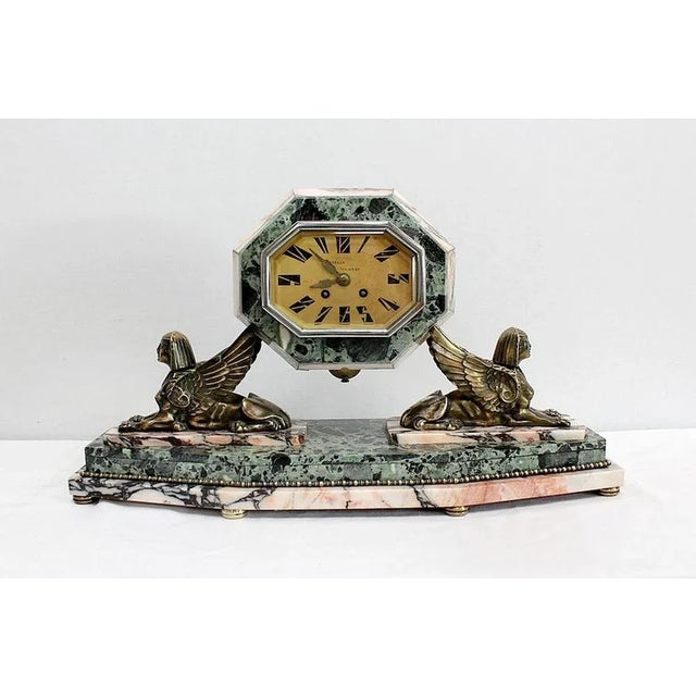 Art Deco Marble and Bronze Mantel Clock & Decoration, 1940s, Set of 3 For Sale - Image 4 of 18