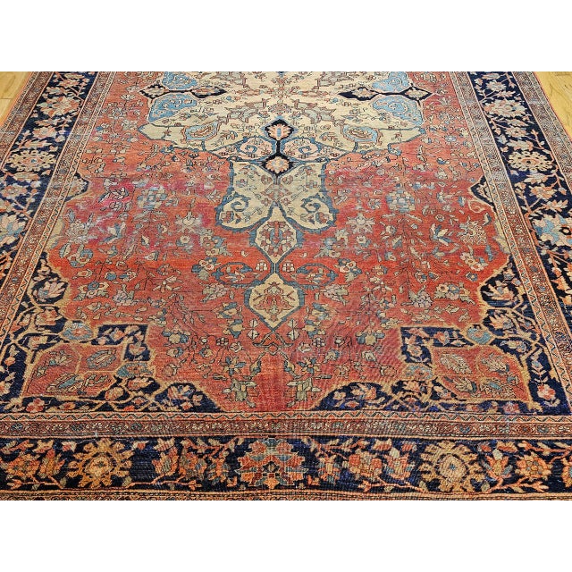 Mid 19th Century Farahan Rug, Hand-Knotted Wool, Floral Medallion Pattern, Red & Blue, 8x12 For Sale - Image 16 of 18