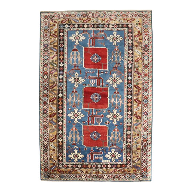 19th Century Zabihi Collection Blue Karaghashli Caucasian Rug - 3'8" x 4'9" For Sale