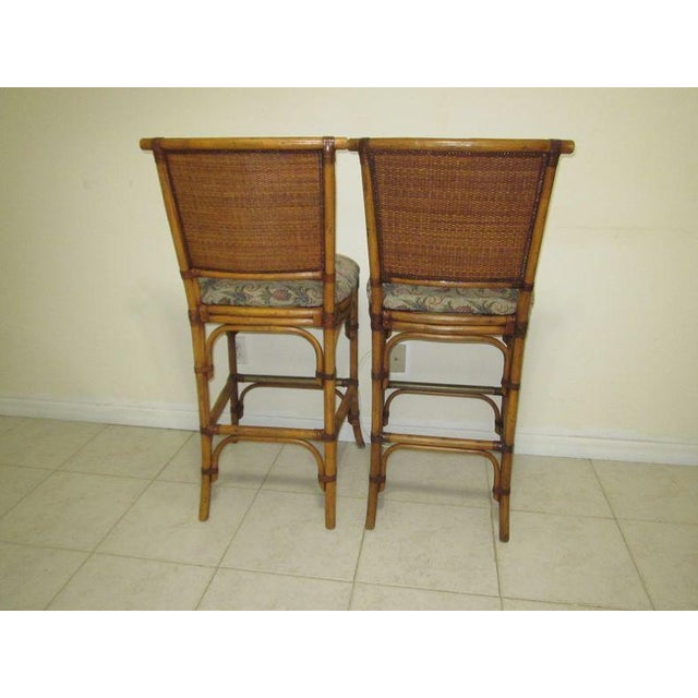 Coastal 1990s Bamboo Rattan Bar Stool Fabric Seat Not Swivel Tommy Bahama Style Set of Two For Sale - Image 3 of 12