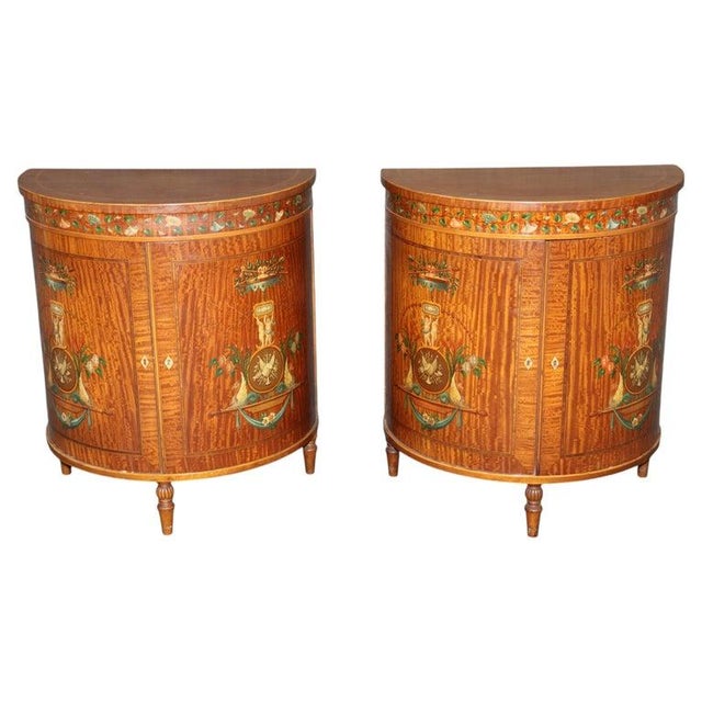 Clear All Fine Pair English Satinwood Adams Style With Paint Decoration 1920s Era Commodes For Sale - Image 4 of 16