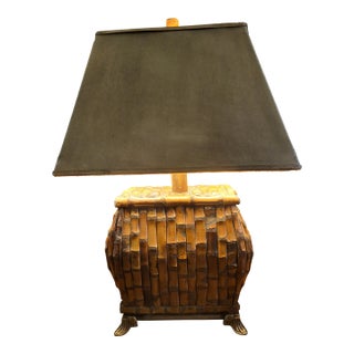 Vintage Burnt Bamboo Chinoiserie Table Lamp With Rectangular Shade For Sale