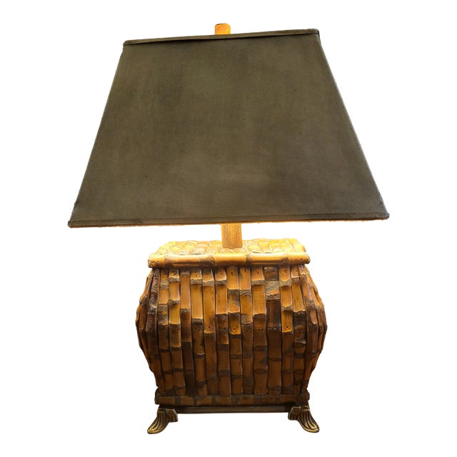 Vintage Burnt Bamboo Chinoiserie Table Lamp With Rectangular Shade For Sale