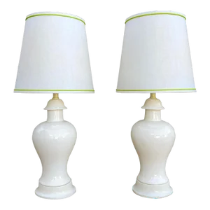 1940's Large-Scale Ceramic Urn Lamps in Eggshell White With Chartreuse Accented Empire Shades - a Pair