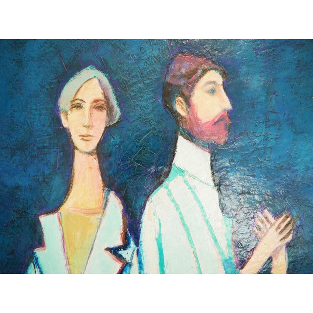 Blue David Adickes "Two Friends Against Blue" Abstract Monotone Figurative Portrait Painting, 1990 For Sale - Image 8 of 9