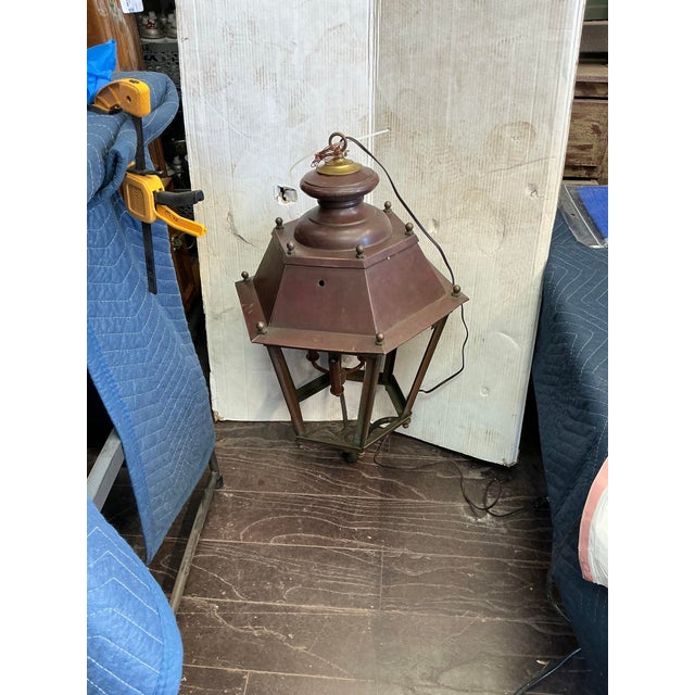 Mid 20th Century French Large Scale Hexagon Copper / Cast Iron & Brass Three Light Lanterns - Pair For Sale - Image 11 of 11