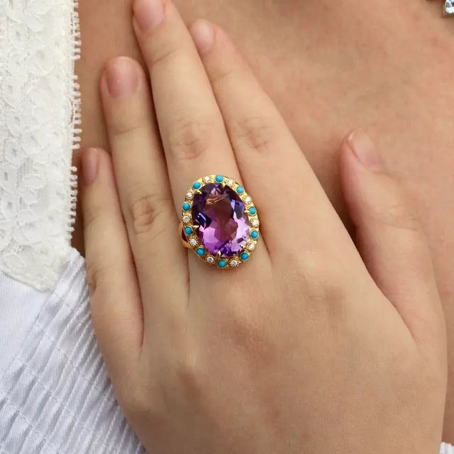 14K Yellow Gold Natural Amethyst｜Purple｜Oval｜Eye Clean Amethyst CTW: 10.00 Natural Turquoise｜Round｜Eye Clean Turquoise...