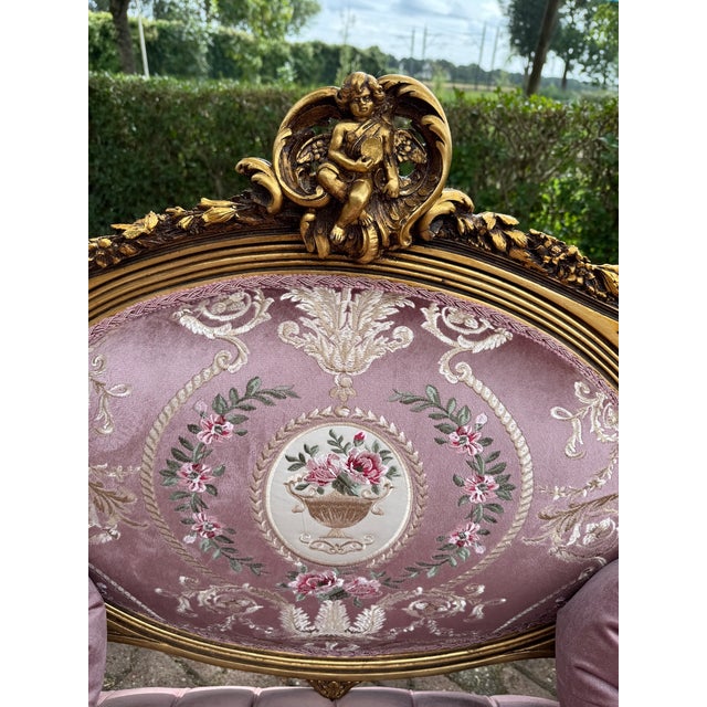 1940 French Louis XVI Gold Beech Rose Velvet Settee For Sale - Image 16 of 18