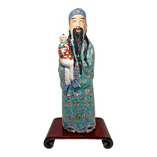Late Qing/Early Republic Chinese Famille Verte Lu Xing Porcelain Figure W/ Child For Sale