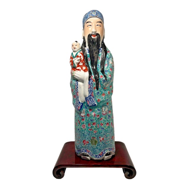 Late Qing/Early Republic Chinese Famille Verte Lu Xing Porcelain Figure W/ Child For Sale
