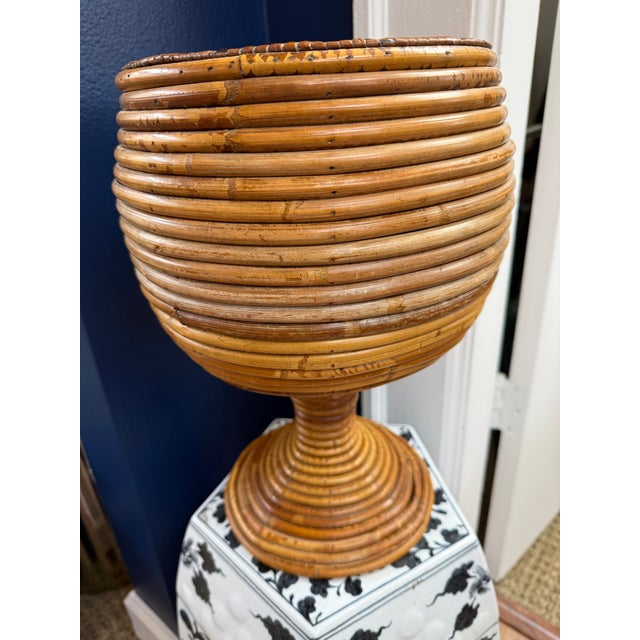 Brown Vintage 1970s Italian Pencil Reed Rattan Footed Planter For Sale - Image 8 of 8