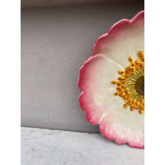 French Country French Majolica Wild Rose Plate Delphin Massier Circa 1890 For Sale - Image 3 of 5