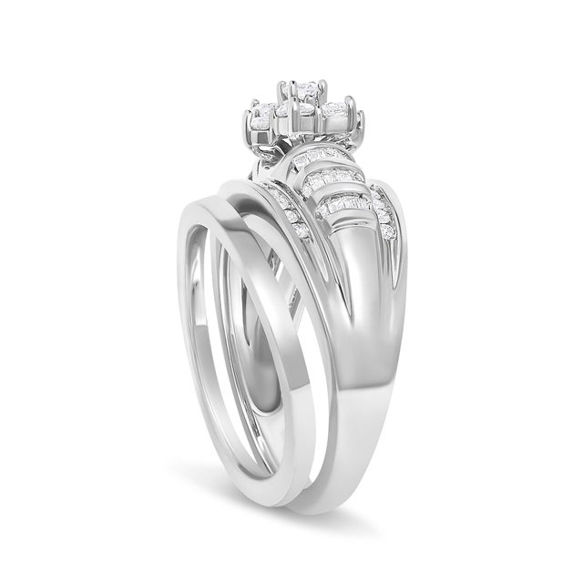 2020s 14K White Gold 1.0 Cttw Round and Baguette Diamond Cluster Bridal Set, Size 7 For Sale - Image 5 of 6