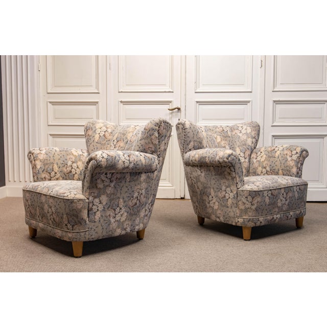 Vintage Danish Wingback Chairs with Jacquard Fabric, 1940s, Set of 2 For Sale - Image 4 of 16