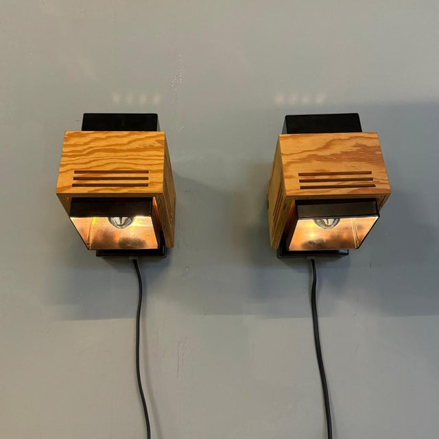 Wood Cubism Wall Lamps attributed to Claus Bolby for Cebo Industri, 1970, Set of 2 For Sale - Image 7 of 15