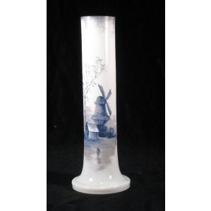 Victorian 19th Century 11.5" Vase Blue Delft Milk Glass Enameled Hand Panted For Sale - Image 3 of 9