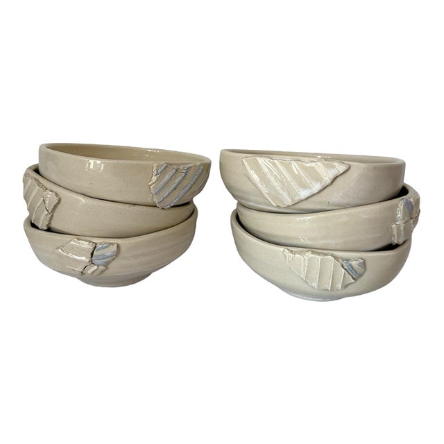 Set of 6 Stoneware Pottery Bowls – Handcrafted With Ceramic Appliqué & Hint of Dusty Blue Glaze For Sale