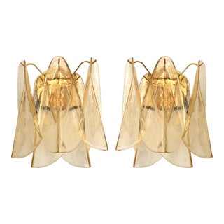 Contemporary Amber “Rondini” Murano Glass Gold Wall Sconce Pair For Sale