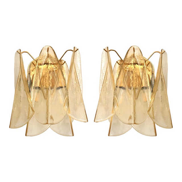 Contemporary Amber “Rondini” Murano Glass Gold Wall Sconce Pair For Sale