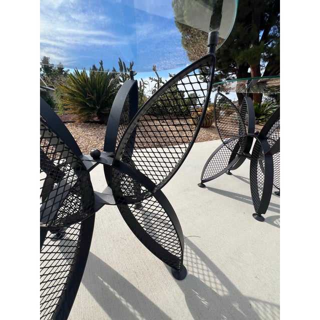 Black 1960s Mid Century Modern Pair of Black Butterfly Glass Top End Tables Attributed to John Salterini & Maurizio Tempestini Wrought Iron For Sale - Image 8 of 10