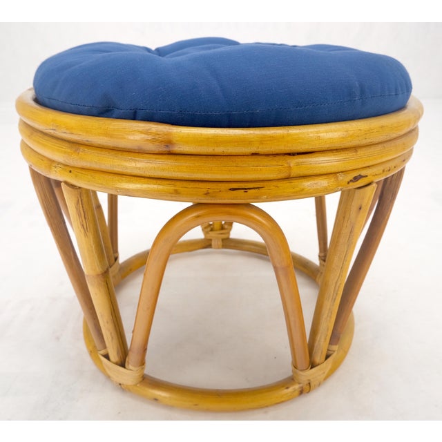 Round Mid Century Modern Blue Upholstery Ottoman Foot Stool Bench Pouf MINT!