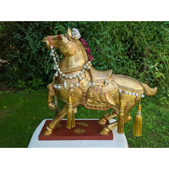 Chinese Mid 20th Century XL Chinese Hand-Carved Gilt Wood Stylized Tang Horse Sculpture Statue Figure For Sale - Image 3 of 12