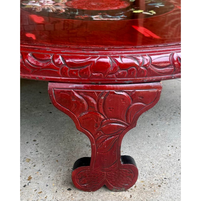James Mont Chic Vintage Asian Lacquerd Carved Tea /Coffee Table With Floral Design For Sale - Image 4 of 12