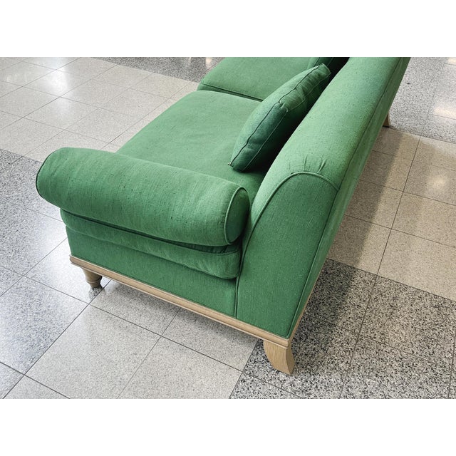 Custom Carved Oak & Green Linen Sofa by Steven Gambrel For Sale - Image 15 of 18