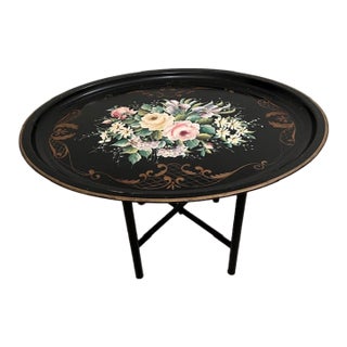 Mid 20th Century Pilgrim Art Hand Decorated Oval Tole Tray With Stand for B Altman & Co For Sale