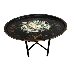 Mid 20th Century Pilgrim Art Hand Decorated Oval Tole Tray With Stand for B Altman & Co