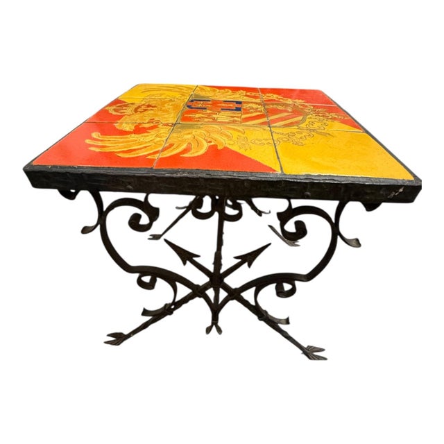 1960s Vintage Heraldic Enamel Tile & Wrought Iron Accent Table For Sale - Image 5 of 6