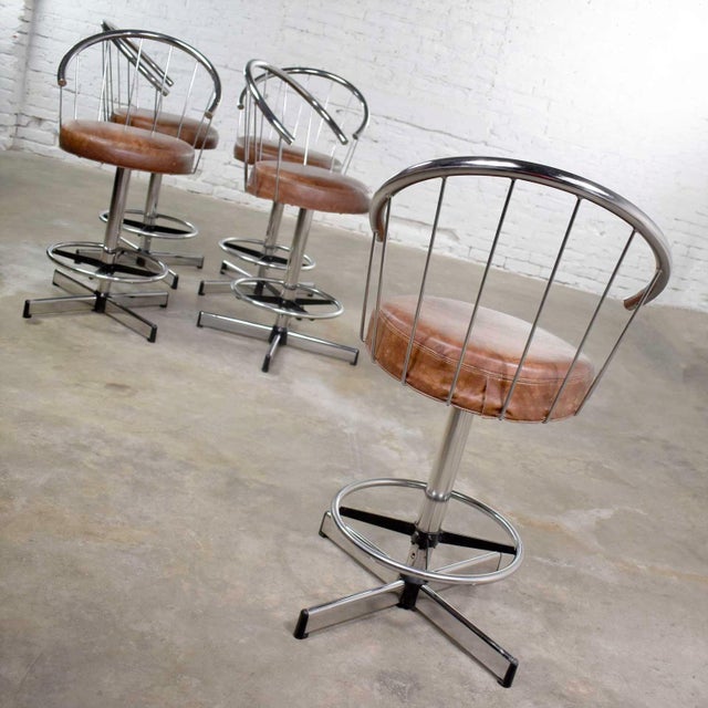 5 Cosco Vintage Modern Chrome Bar or Counter Stools W/ Brown Vinyl Faux Leather Seats Chairish
