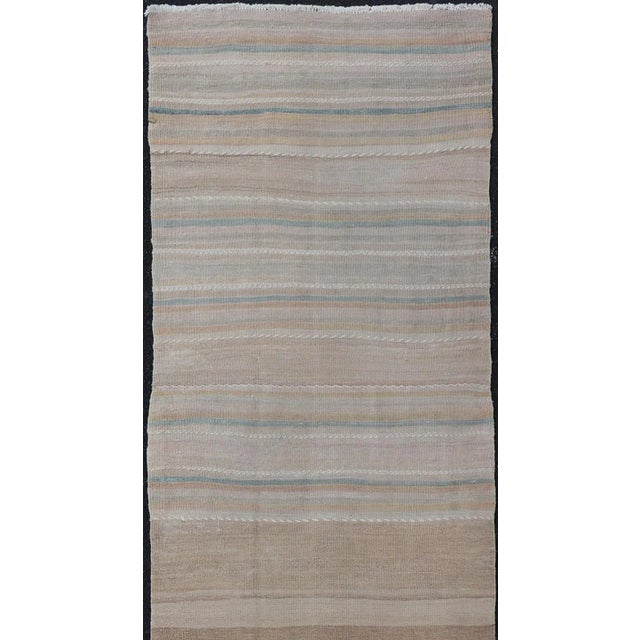 Vintage Turkish Kilim Rug with Horizontal Stipes in Light Brown, Blue, Taupe, Multicolor Measures: 2'8 x 10'10. Vintage...