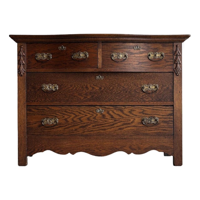 Antique Cathedral-Grain Oak Serpentine Chest of Drawers For Sale